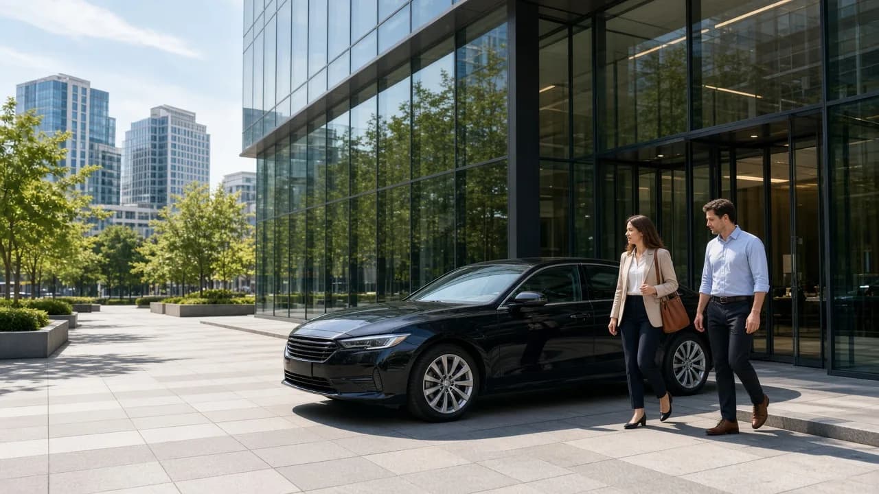 Two professionals walking toward a black sedan outside a glass office.