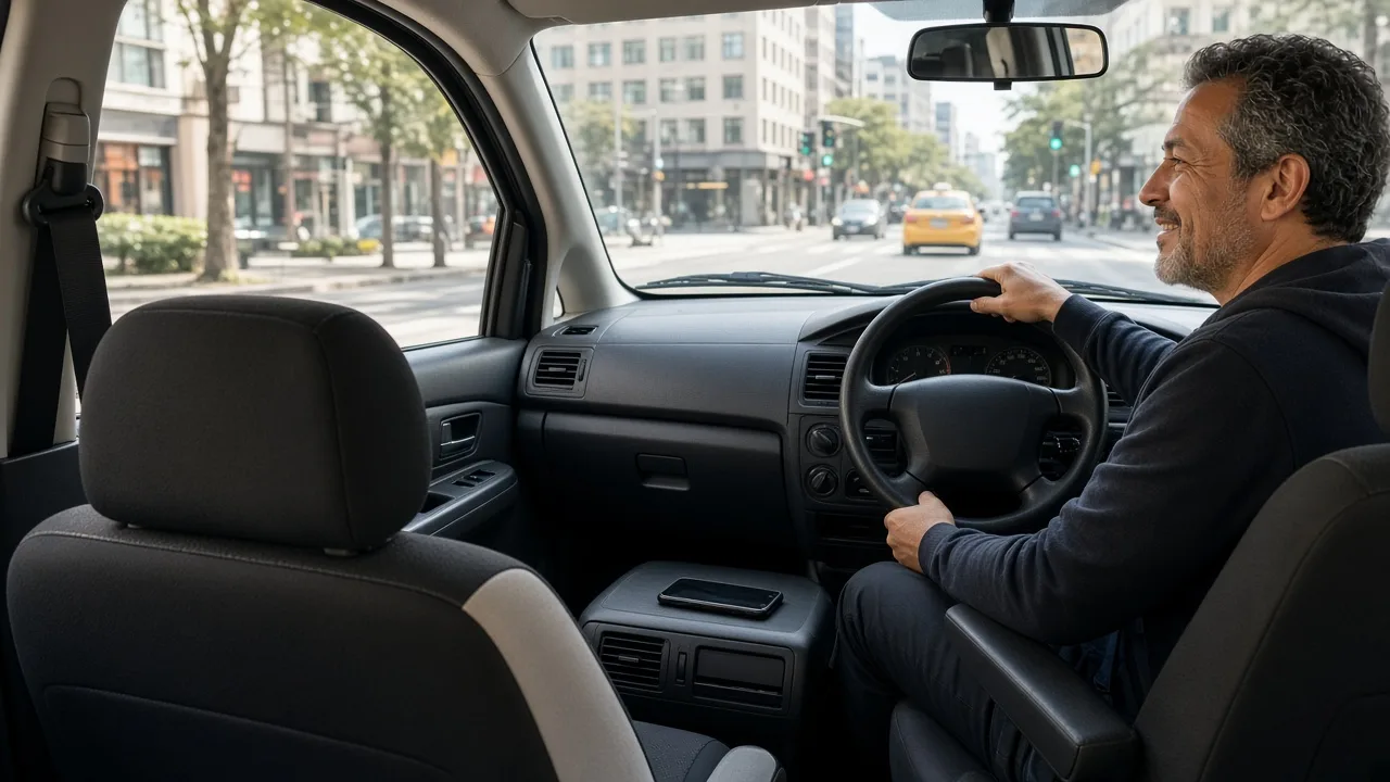 A driver at the wheel of a taxi, with a phone placed face down beside him.