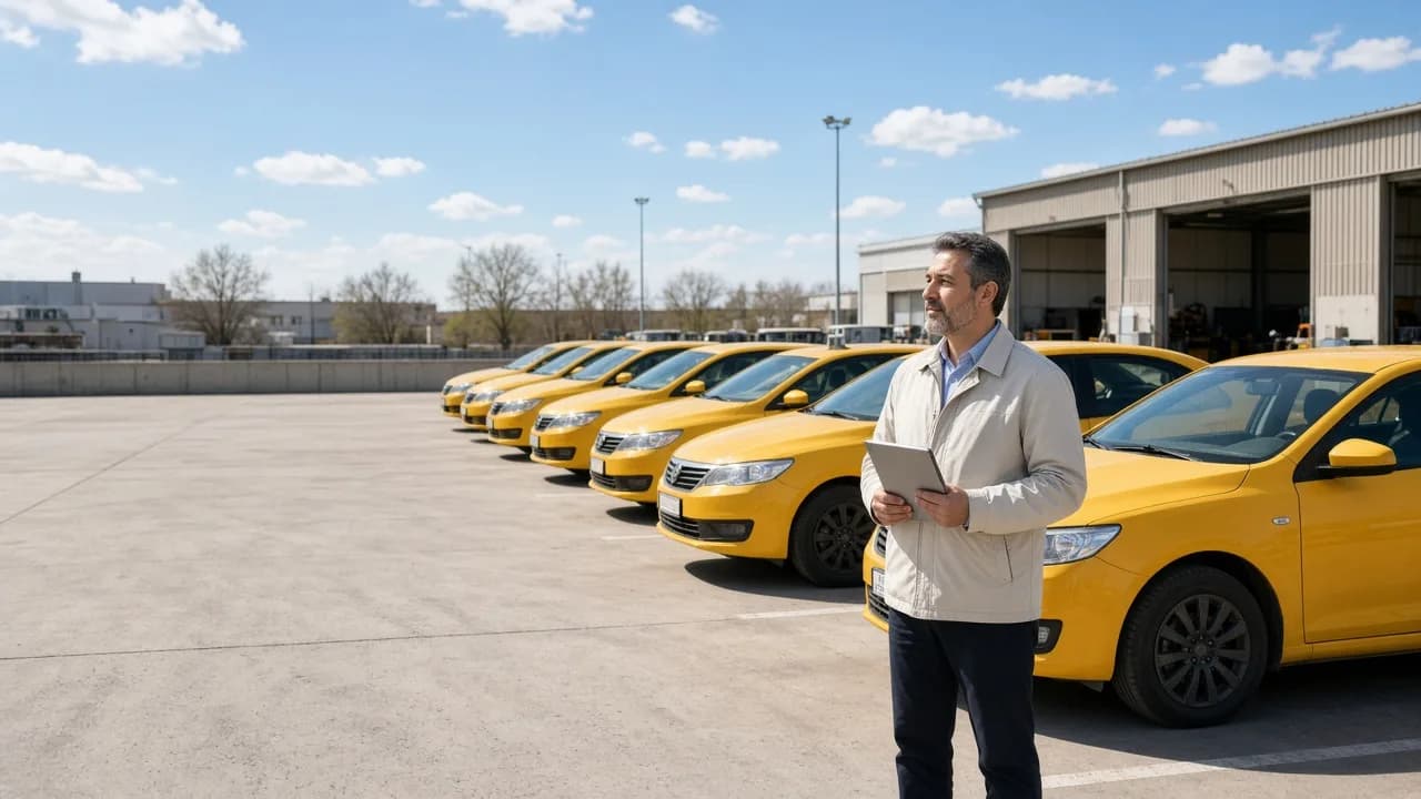 A fleet manager with a tablet standing among a row of yellow taxis in a bright lot.