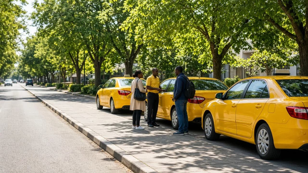 Riders talking with a driver beside a row of yellow taxis on a tree lined street.