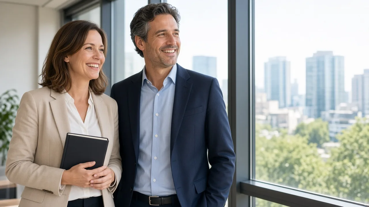 Two professionals stand by a large sunny office window holding a closed notebook.