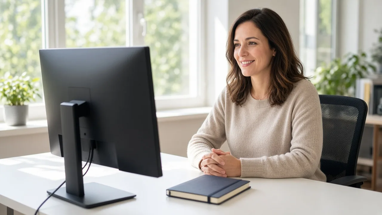 An operations coordinator sits at a desk with a monitor facing away and a closed notebook.