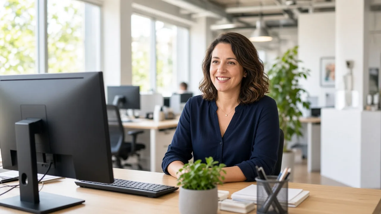 A supervisor sits at a light desk with a monitor facing away and a sunny office behind them.