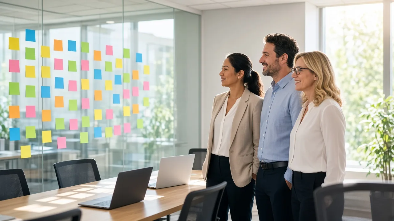 Three colleagues stand in a sunny meeting room looking at blank colored notes on a glass wall.