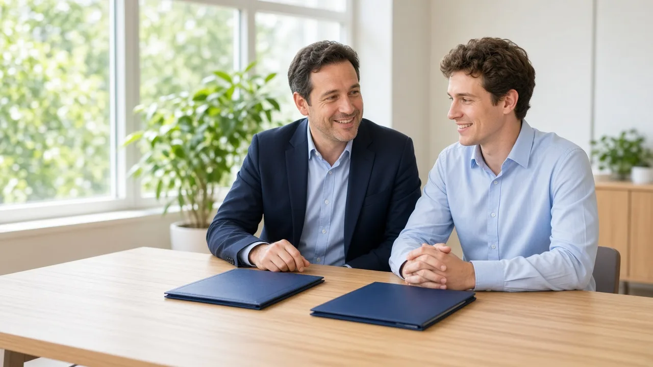A manager and an employee sit at a sunny table with two closed folders.