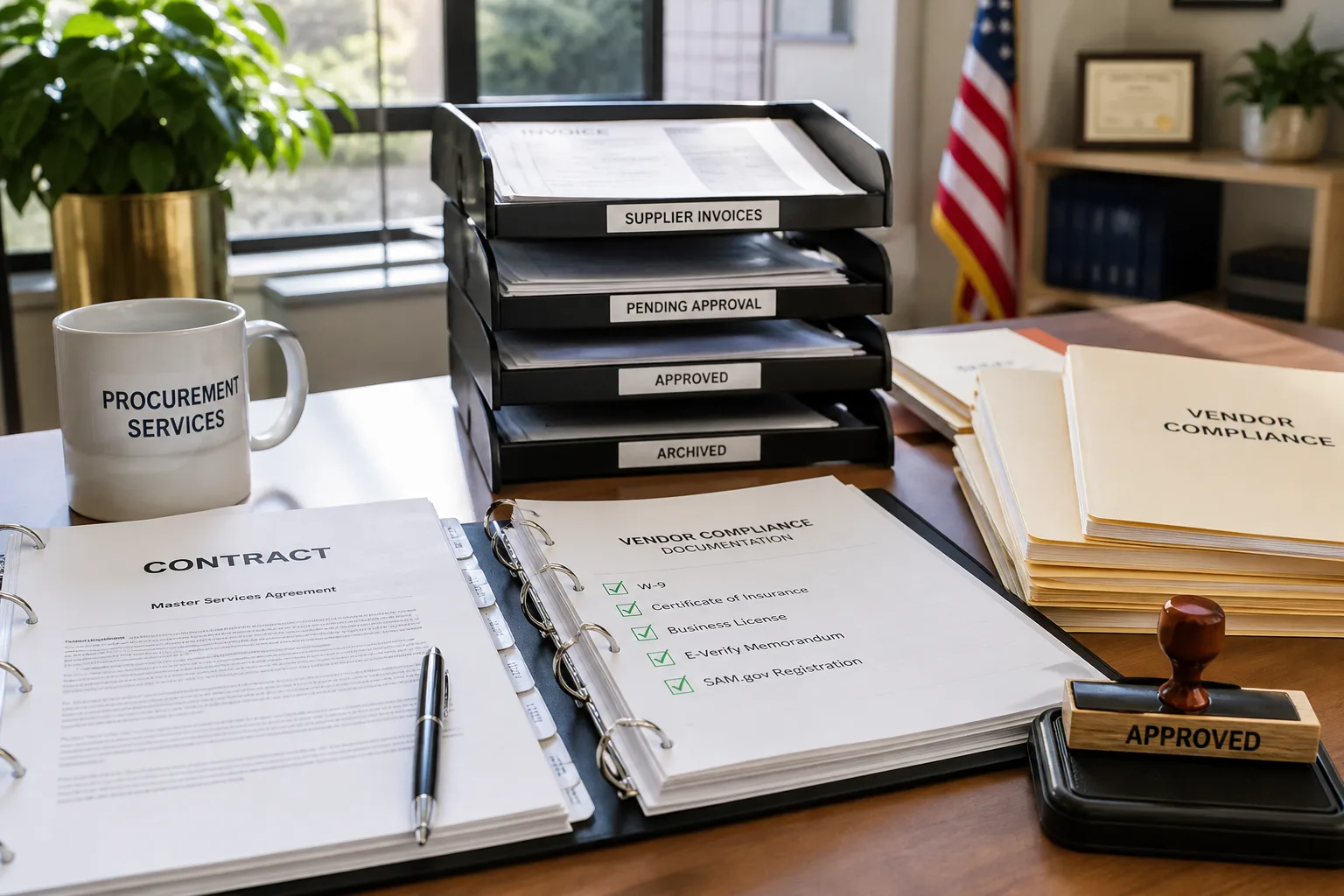 Bright USA procurement office with supplier files, contracts, and compliance folders