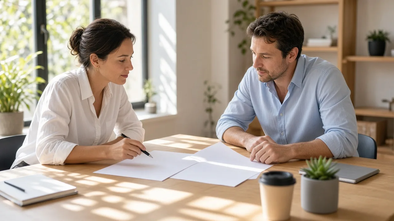 A buyer and a supplier plan with blank papers at a sunny table.