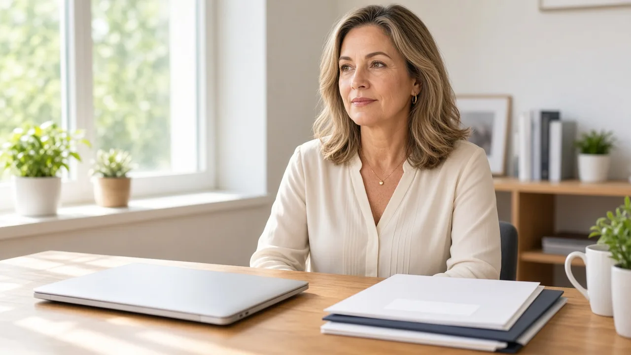 An administrator sits at a sunlit desk with a closed laptop and blank vendor folders.
