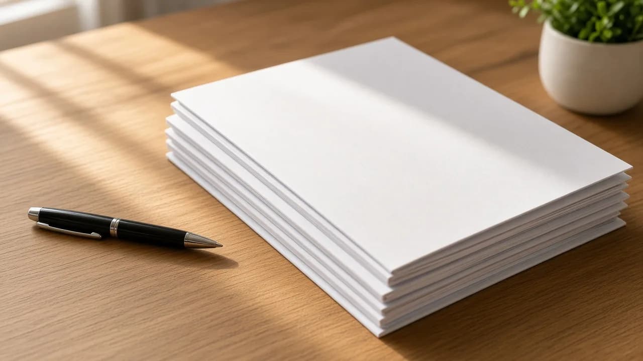Blank contract folders and a pen sit on a sunlit desk.