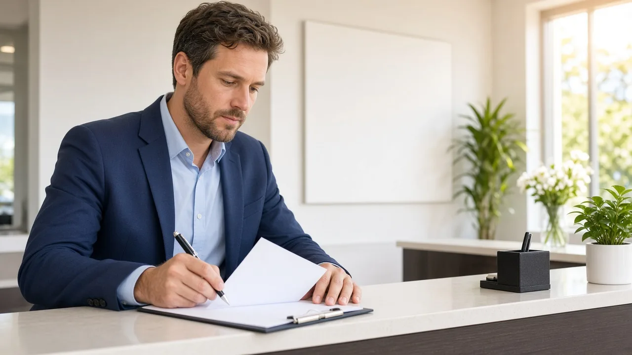 A supplier fills a blank form at a sunny reception desk.