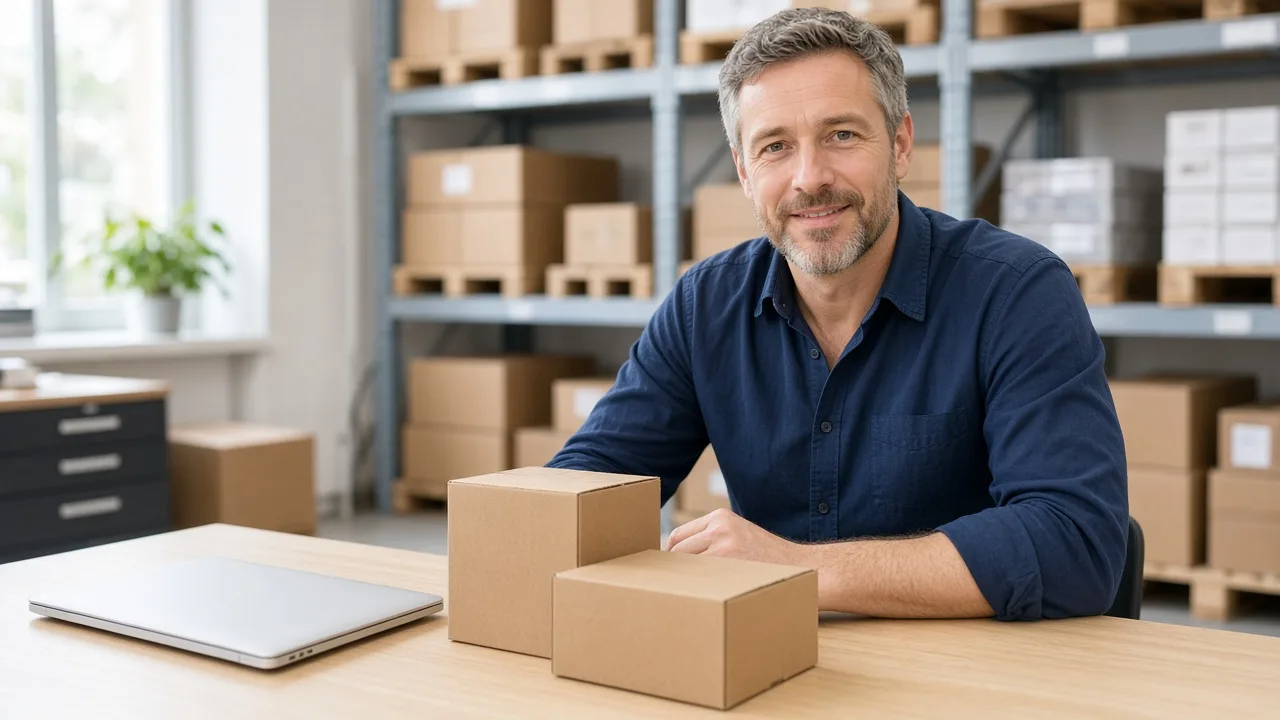 A supplier sits at a warehouse office desk with a closed laptop and unlabeled samples.