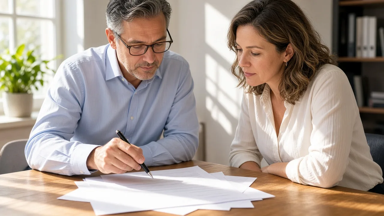 A manager reviews blank score sheets with a colleague in sunlight.
