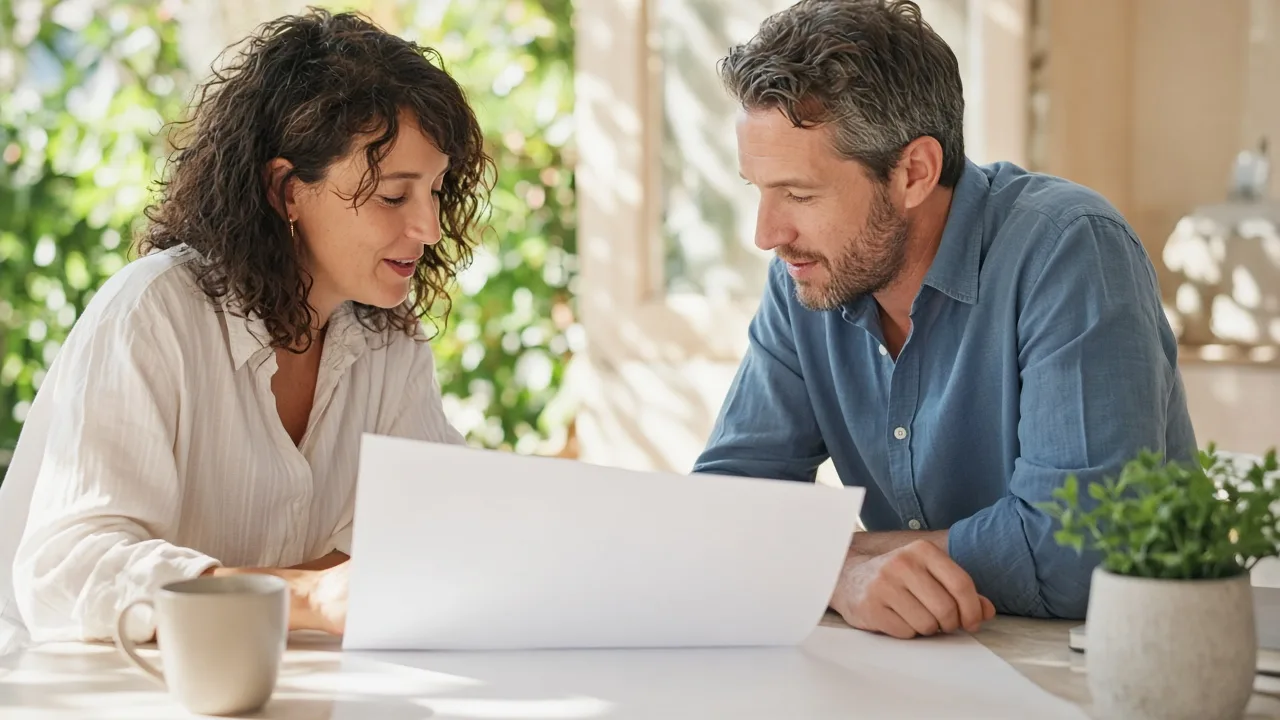 Two adults plan over a blank sheet at a sunny table.