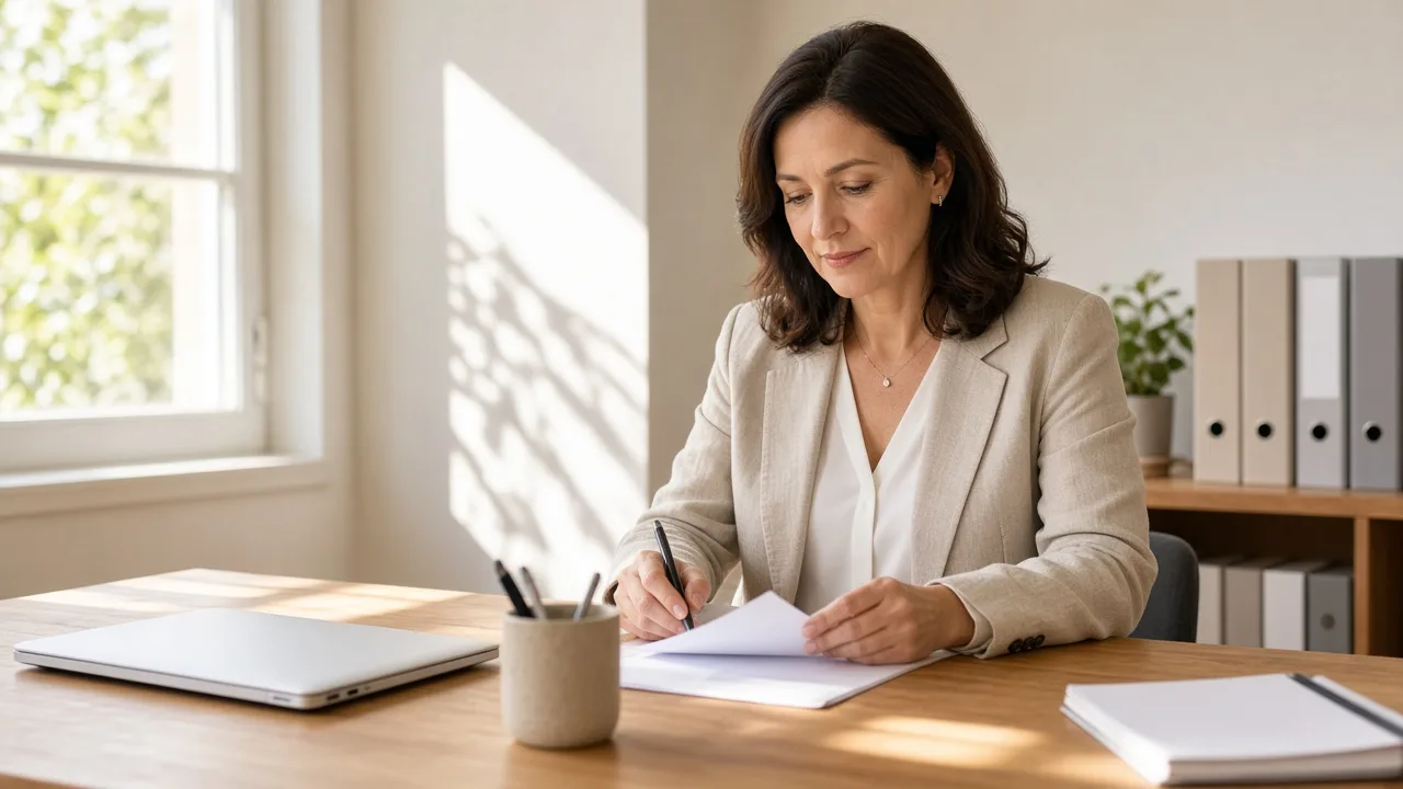 An administrator sits at a sunlit desk with a closed laptop and plain binders.
