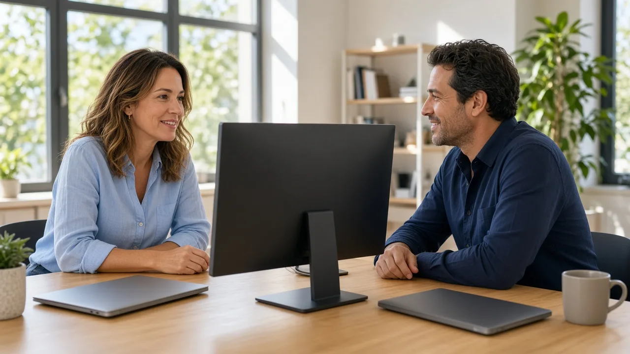 Two colleagues sit across a desk with a monitor turned away and closed laptops.