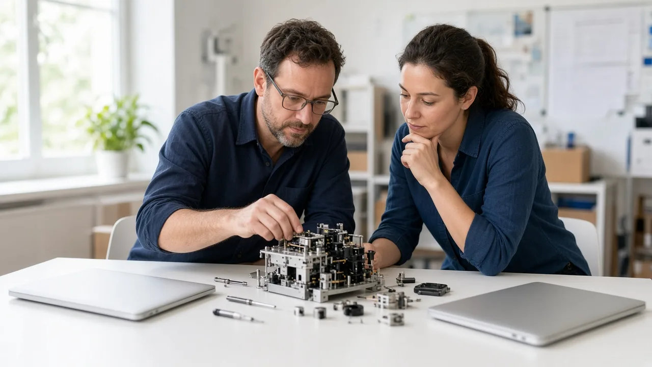 Two engineers sit at a bright desk with closed laptops and unlabeled hardware.
