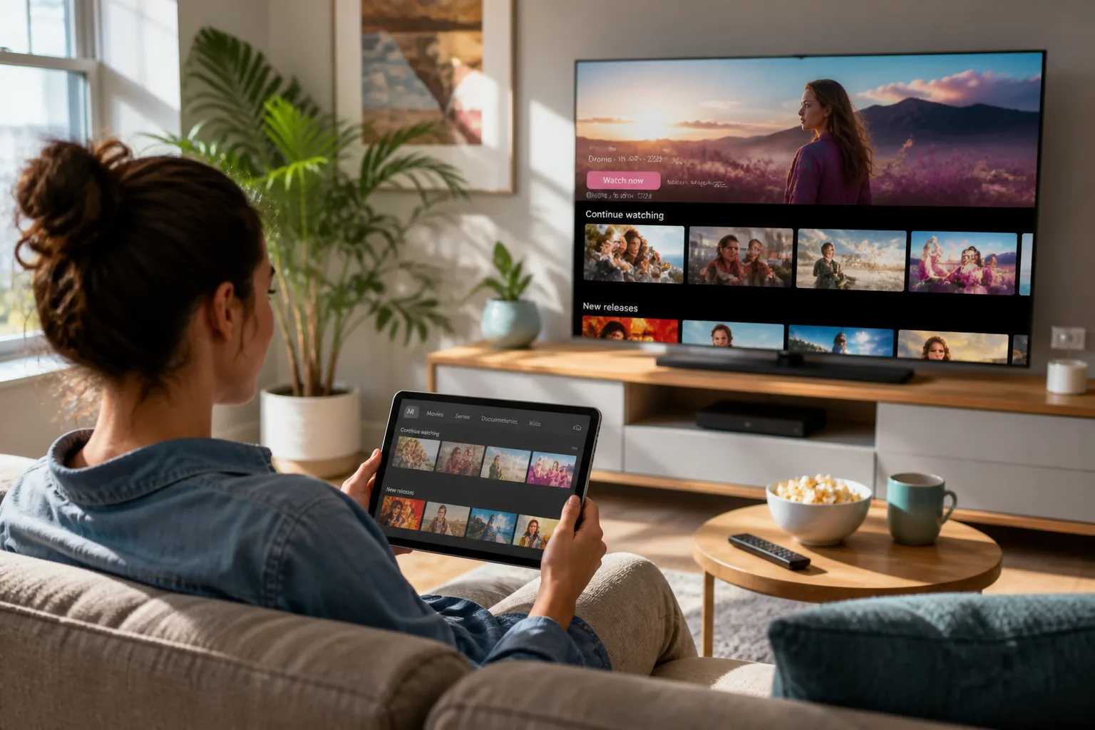 Video on demand app with content libraries, watchlists, and multi device playback