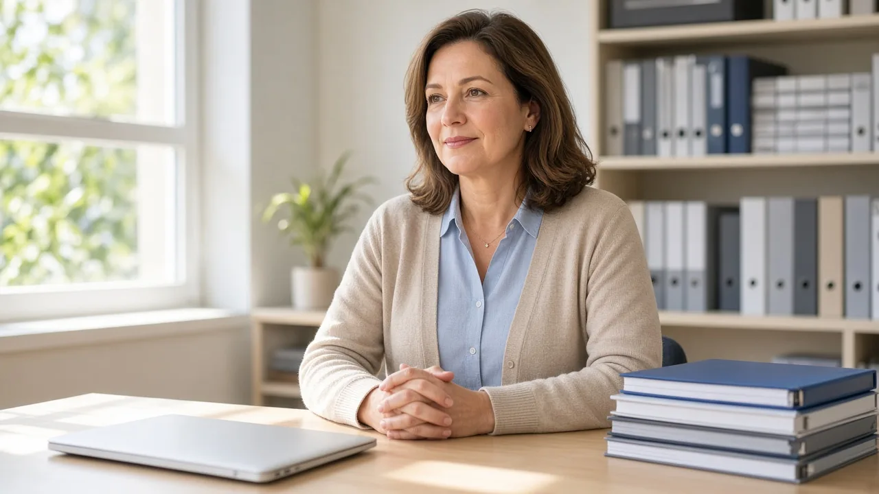 An administrator sits at a sunlit office desk with a closed laptop and plain binders.