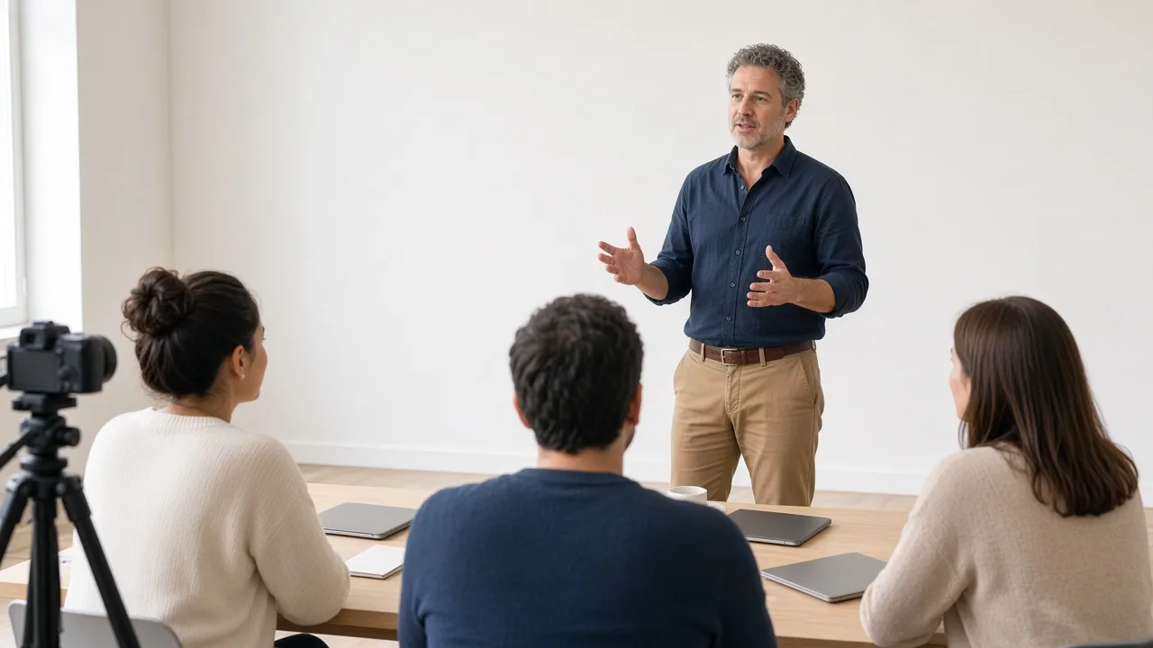 An instructor speaks to adult learners while a camera on a tripod faces the group and laptops stay closed.