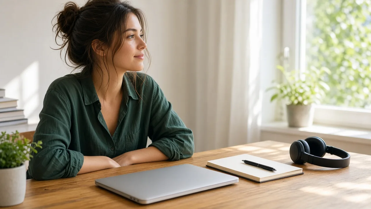 An adult student sits at a sunny desk with a closed laptop, a blank notebook, and headphones.