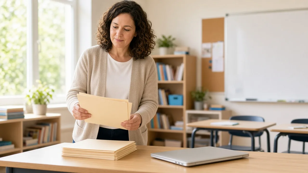 A teacher organizes blank folders beside a closed laptop in a sunny classroom.