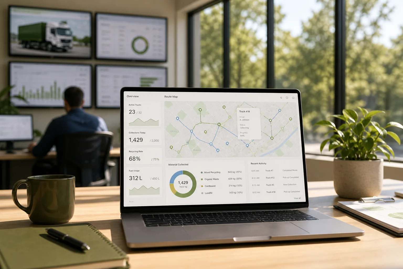 Laptop showing a waste management platform dashboard with collection routes, fleet status, and recycling analytics