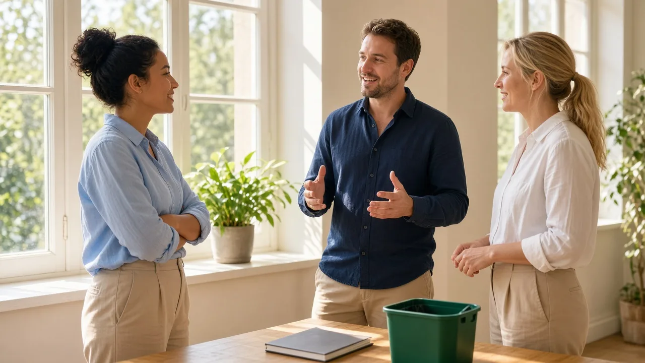 Three colleagues talk in a sunny room beside a small green recycling bin and a closed notebook.