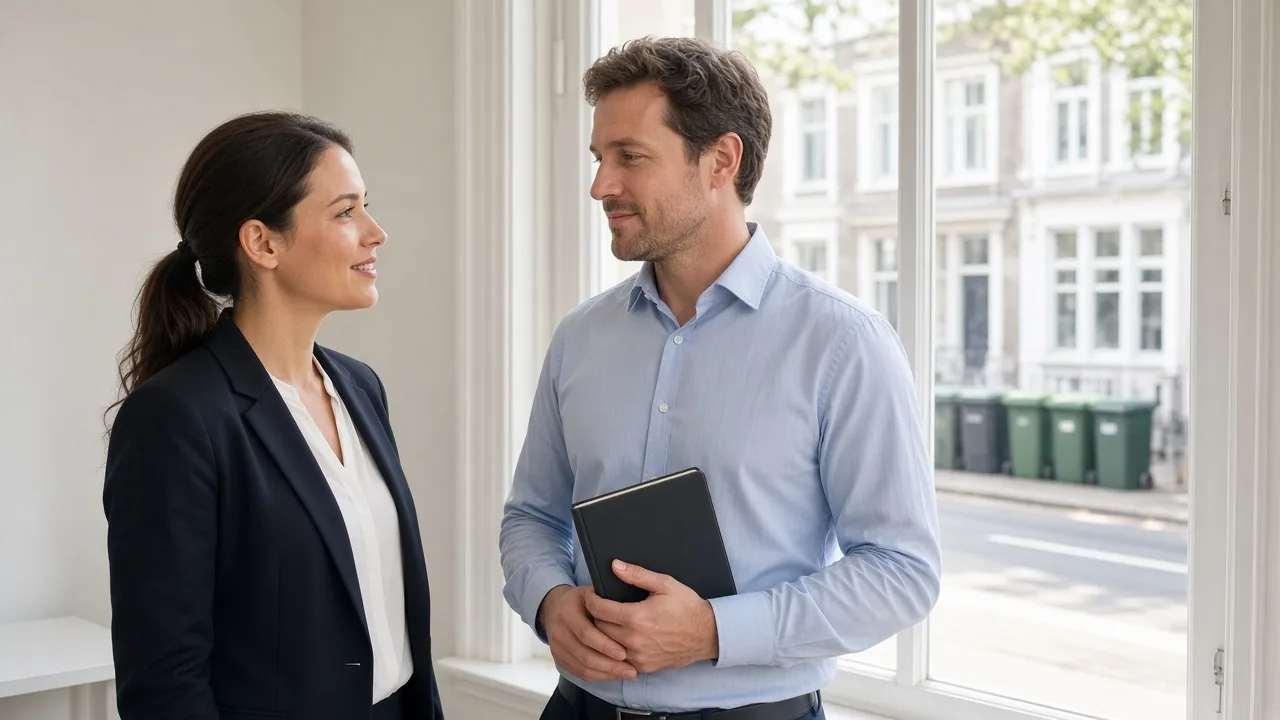 Two colleagues stand by a bright window overlooking a street with green bins and a closed notebook.