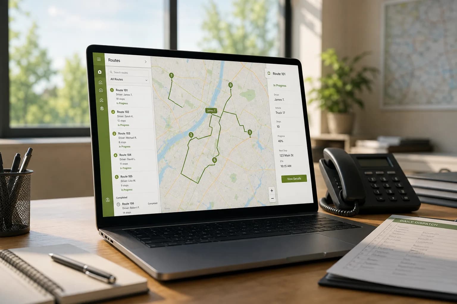 Fleet and route management with vehicle tracking, driver tools, and operational analytics