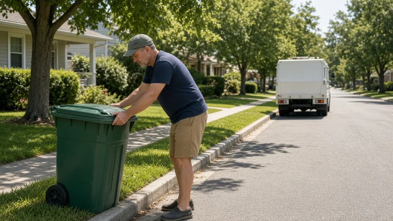 A resident sets a closed green bin at a sunny curb while a plain white truck waits down the street.