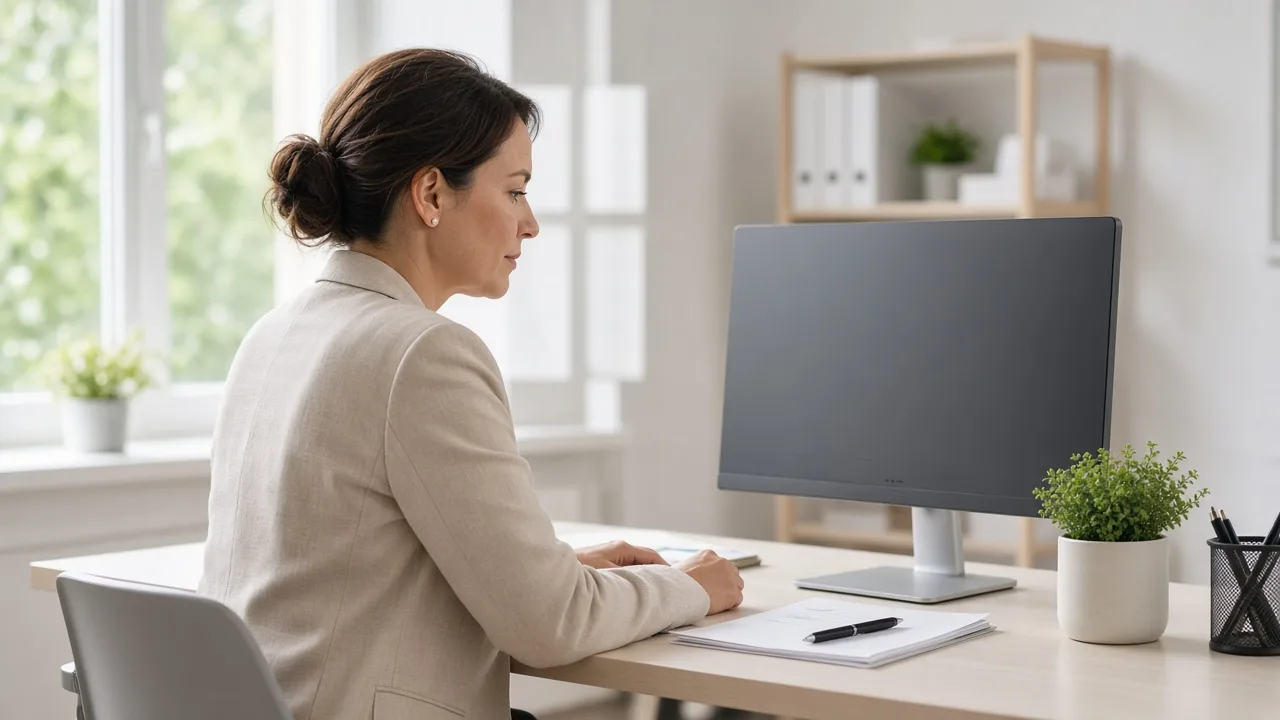 A coordinator sits at a light desk with a monitor turned away and a small green plant nearby.