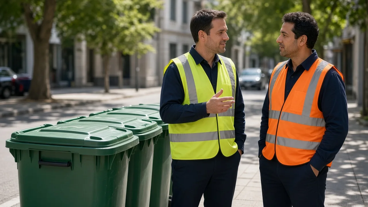 Two colleagues in safety vests talk beside clean green recycling bins on a sunny street.