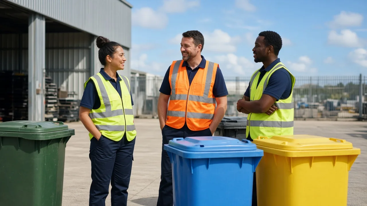 Three service workers in safety vests talk beside clean colored bins in a sunny depot.