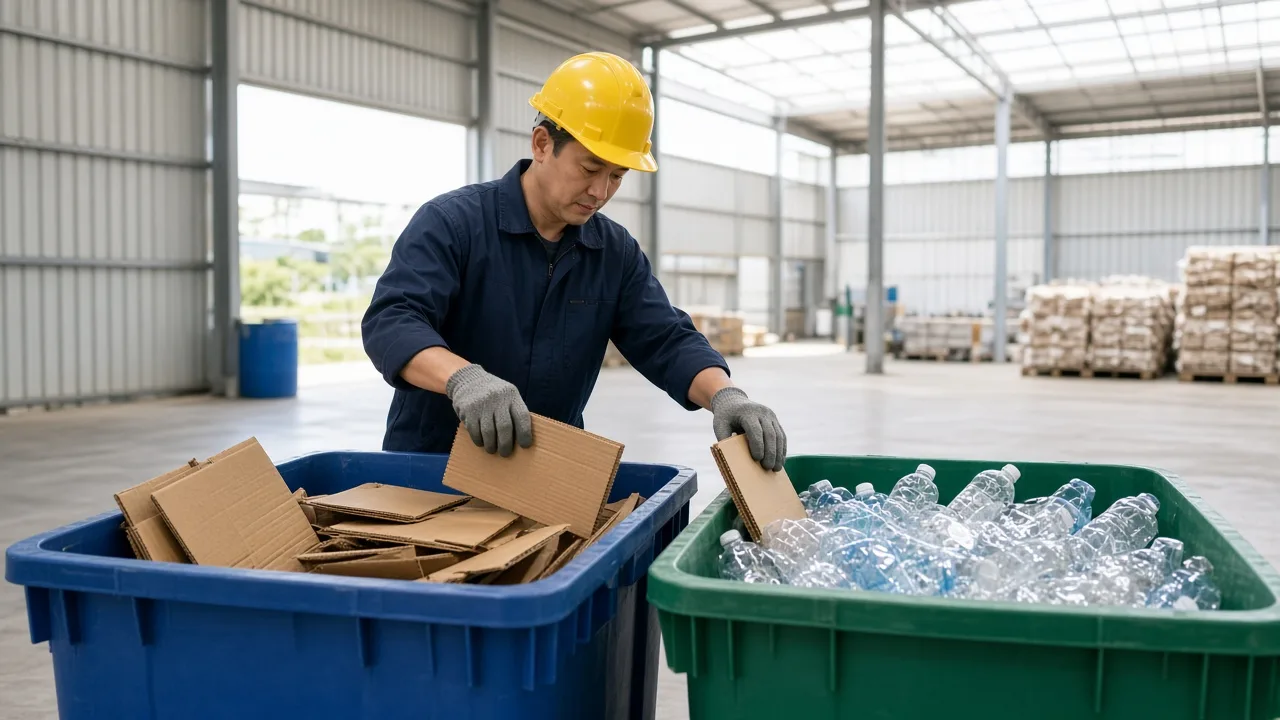 A worker sorts clean cardboard and clear bottles into blue and green bins in a bright recycling yard.