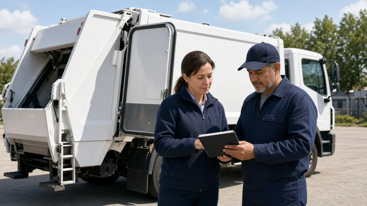A dispatcher and a driver review a closed notebook beside a plain white collection truck.