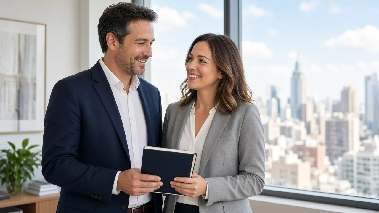 Two professionals stand by a large sunny window with a closed notebook.