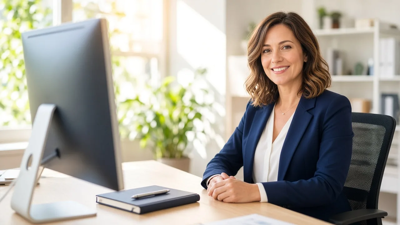 An operations manager sits at a light desk with a monitor facing away and a closed notebook.