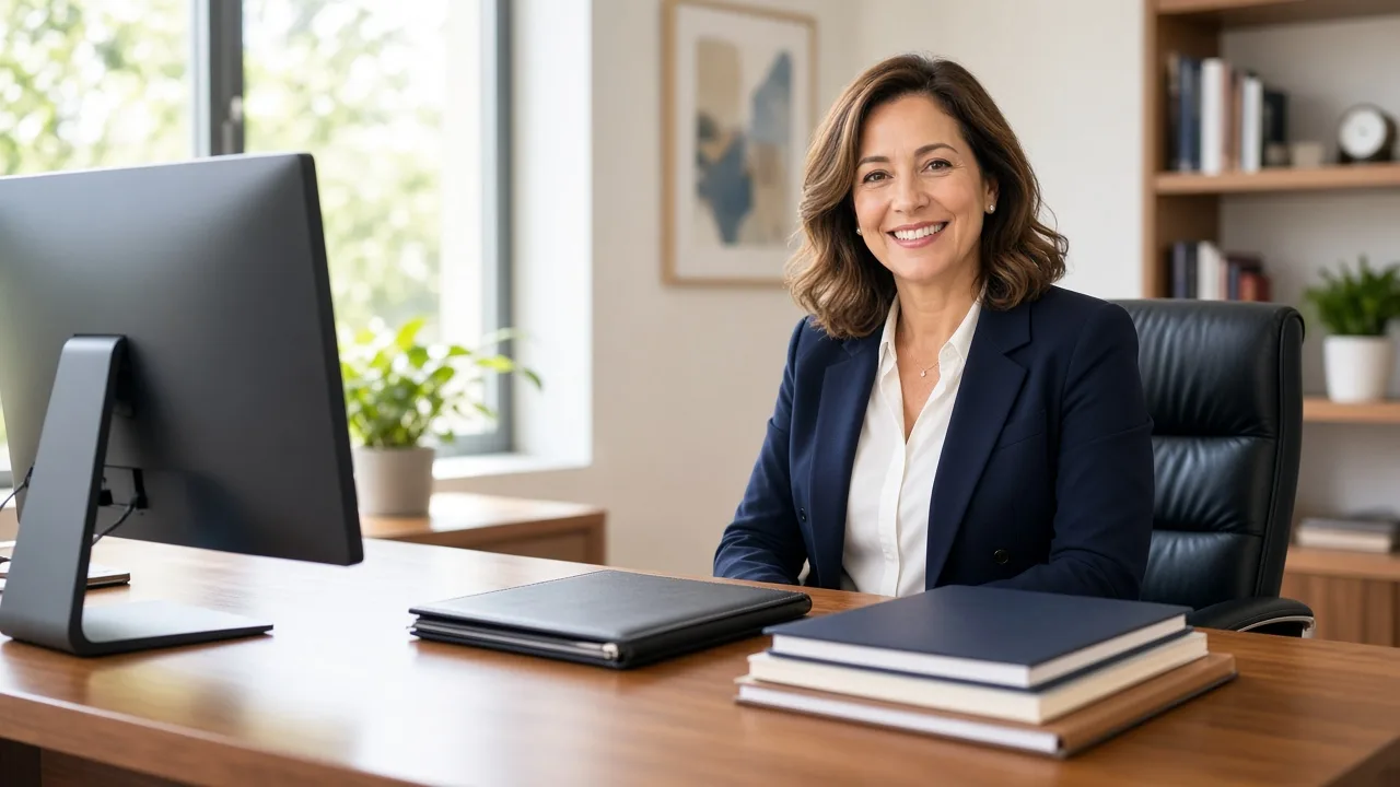 A financial advisor sits at a sunny desk with closed folders and a monitor facing away.