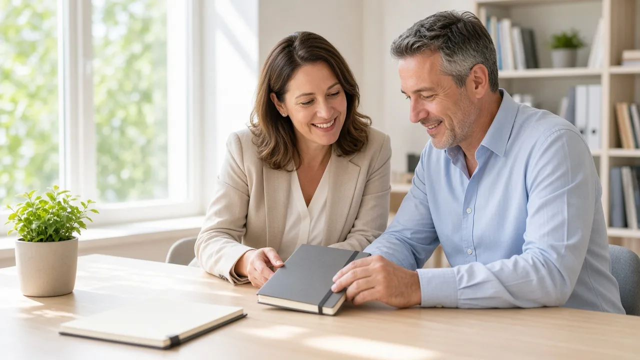 An advisor and a client review a closed notebook at a sunny desk.
