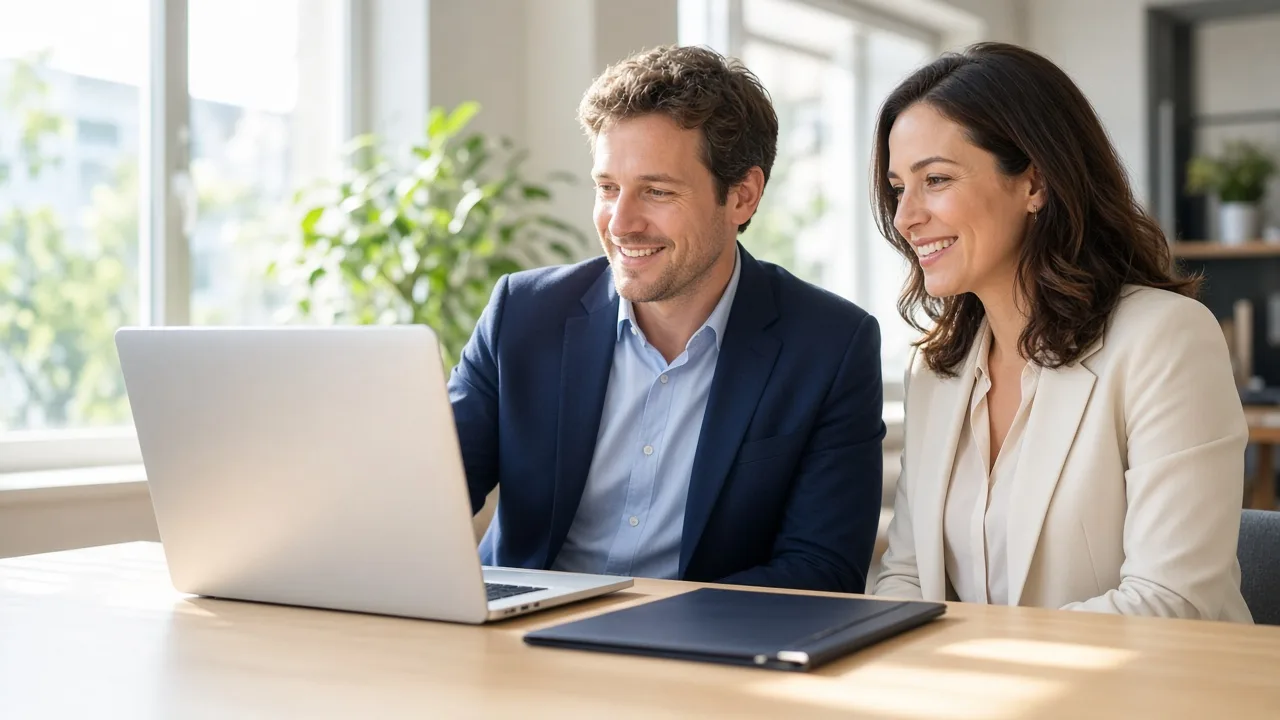 Two professionals look toward a laptop facing away beside a closed portfolio folder.
