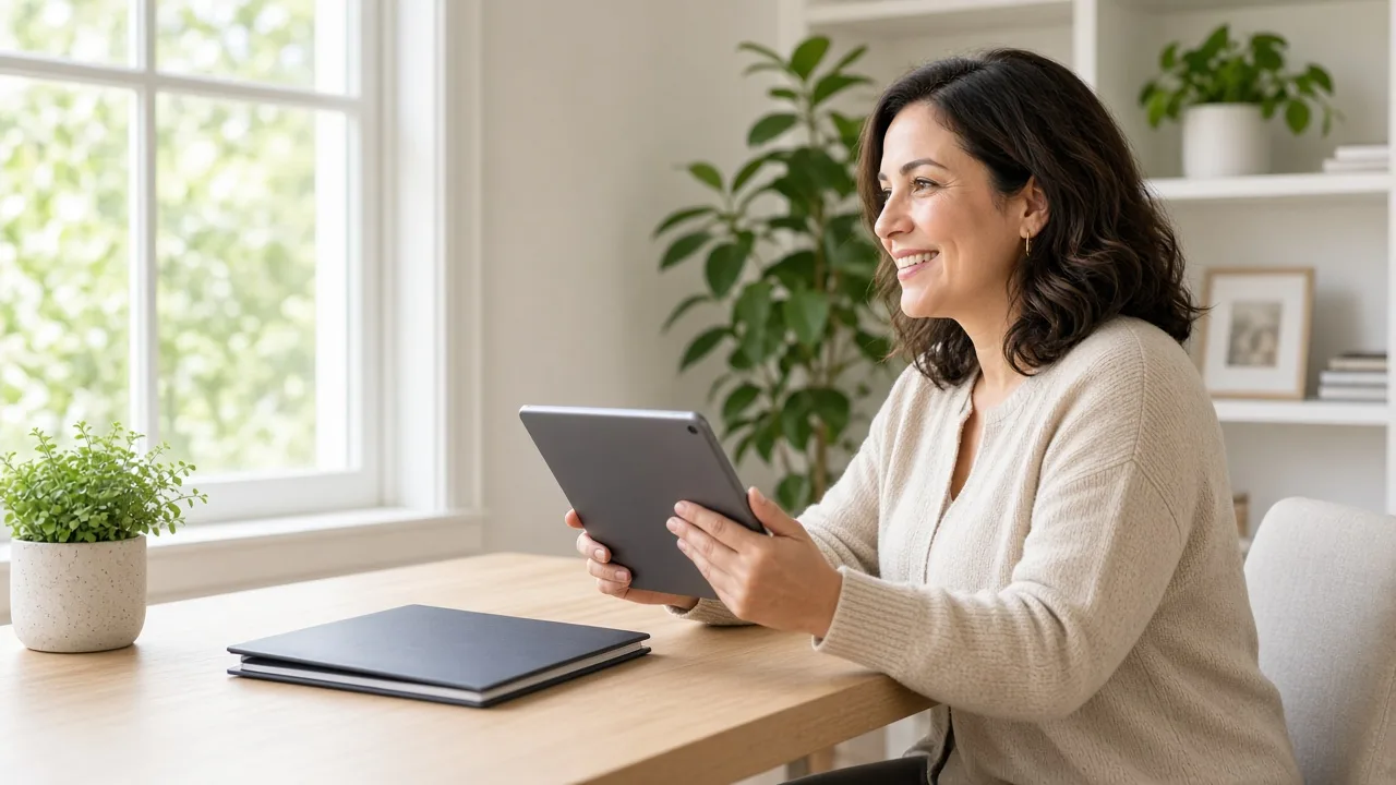 A client sits in a sunny home office with a tablet turned away and a closed folder.