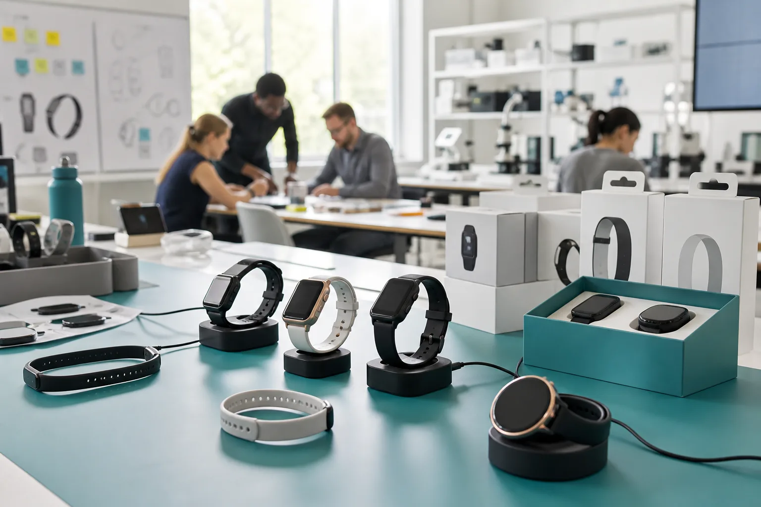 Bright USA product lab with smartwatches, fitness bands, and device charging docks