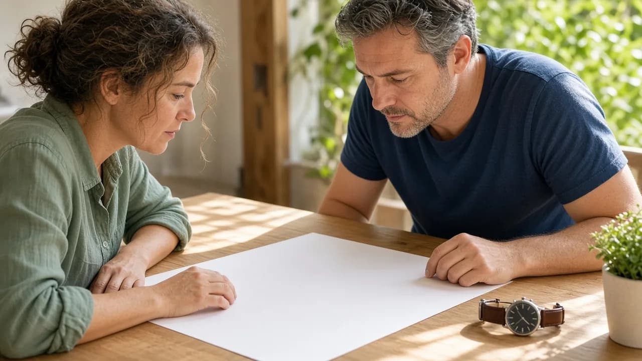 Two adults plan over a blank sheet at a sunny table beside a plain watch.