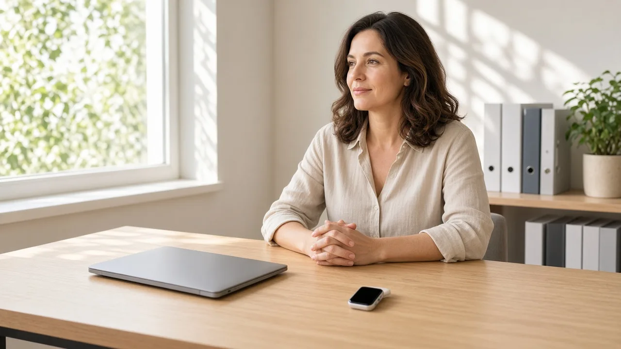 An administrator sits at a sunlit desk with a closed laptop, binders, and a blank smartwatch.