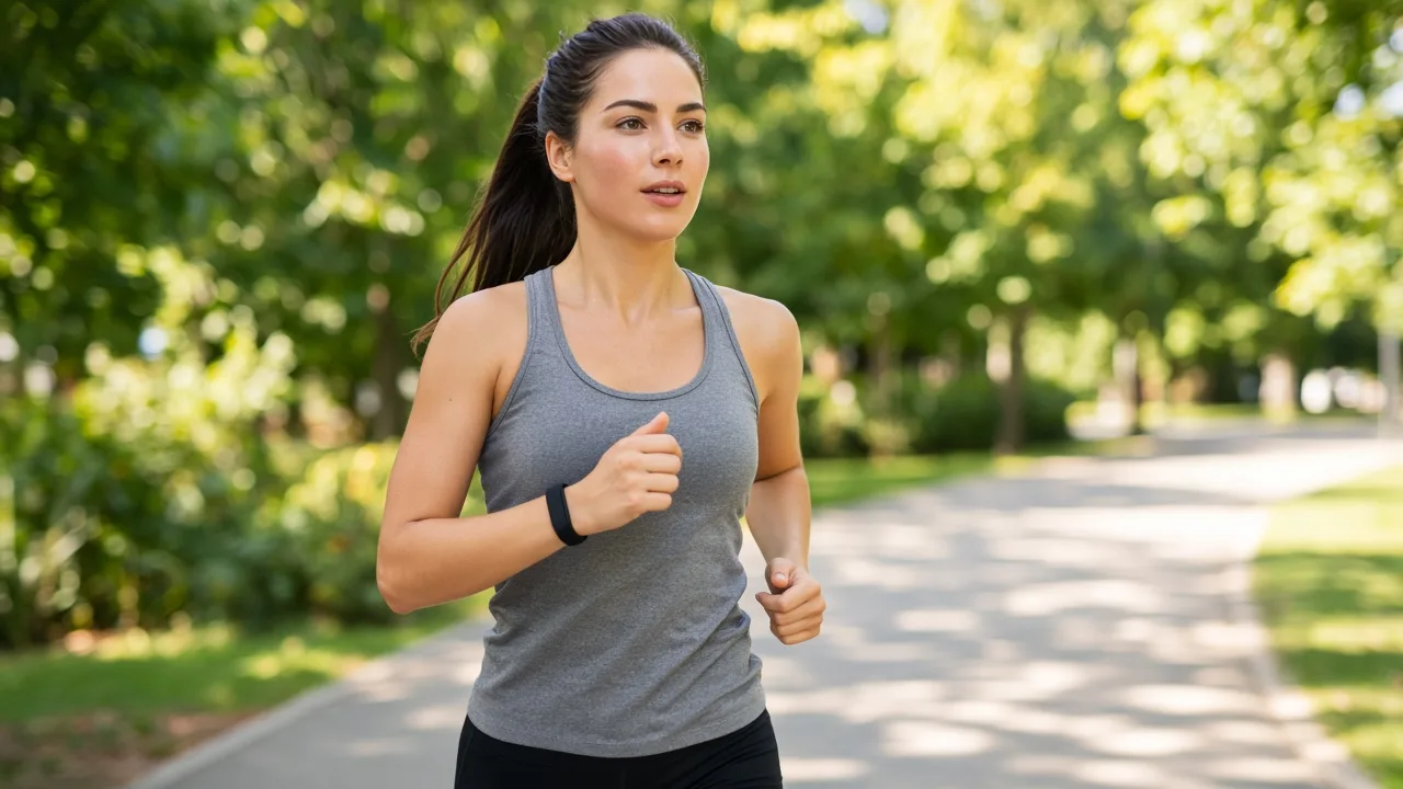 A person jogs on a sunny path wearing a plain fitness band with a blank screen.