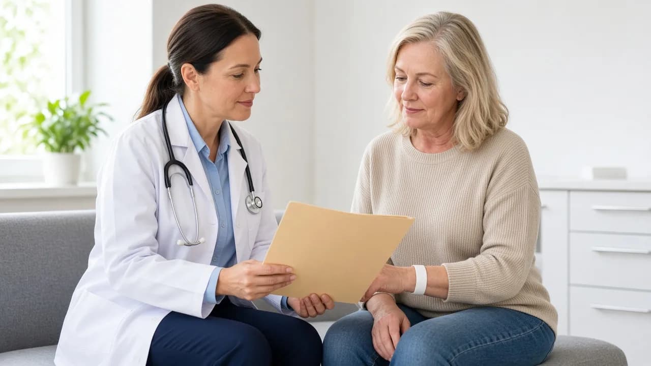 A clinician and a patient review a blank folder beside a plain wrist sensor.
