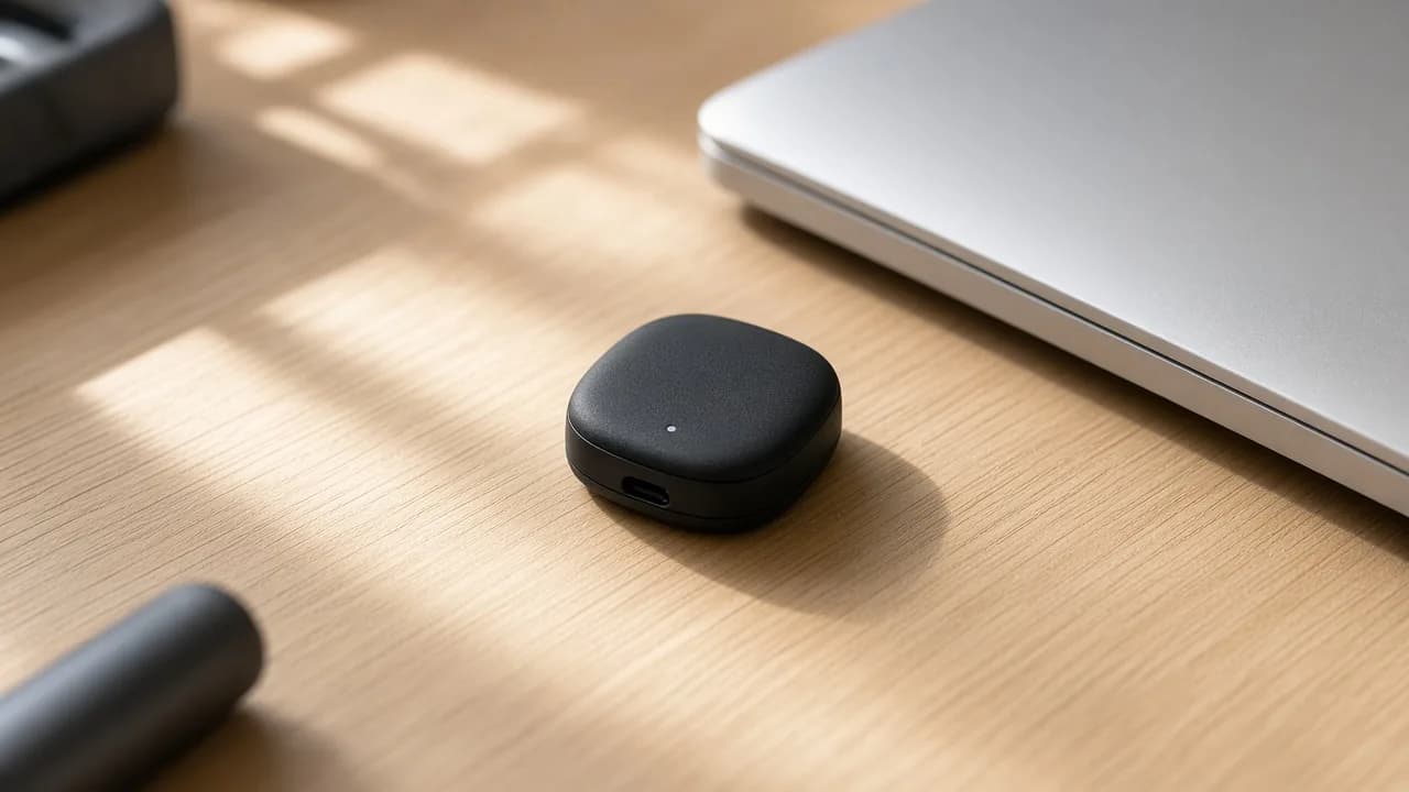 A small plain black wearable sensor sits on a sunlit workbench beside a closed laptop.