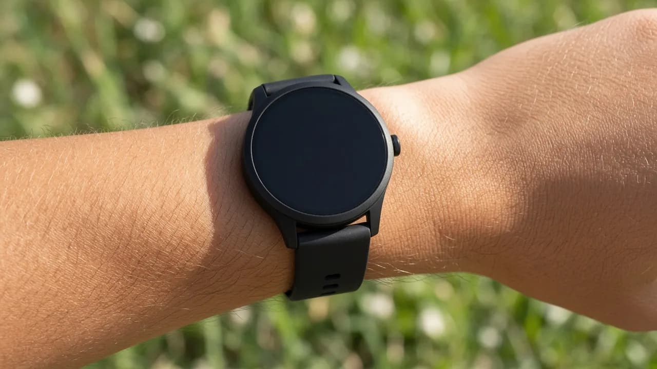 A wrist wears a plain round smartwatch with a completely dark screen outdoors.