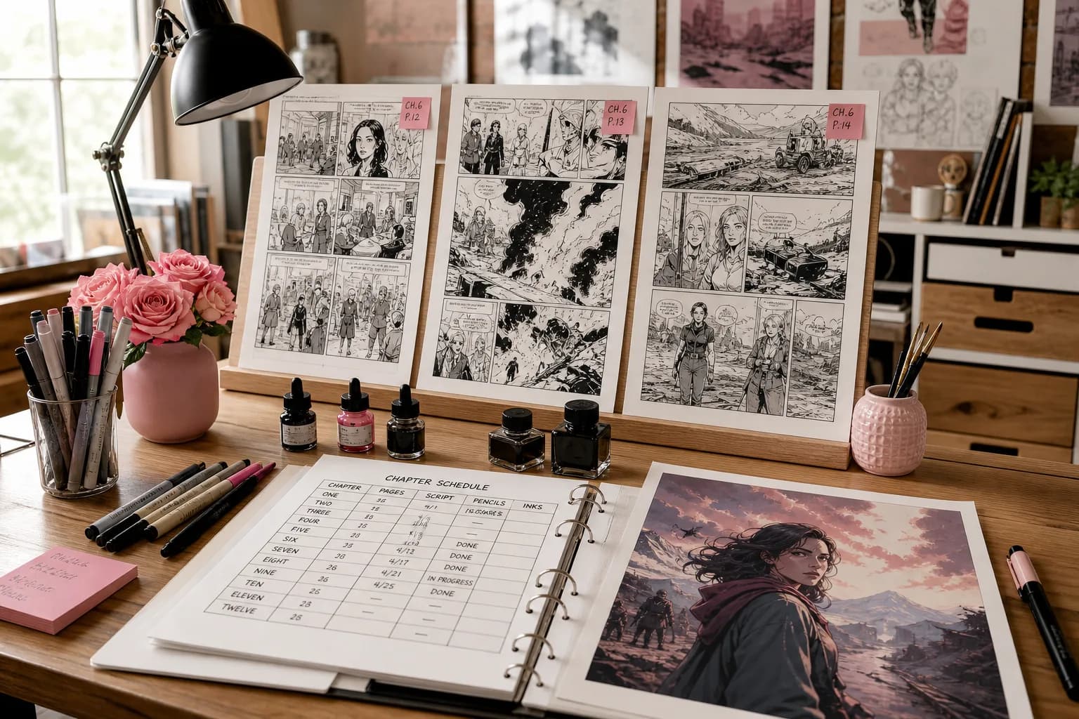 Bright USA comic studio with storyboards, ink bottles, and printed chapter pages