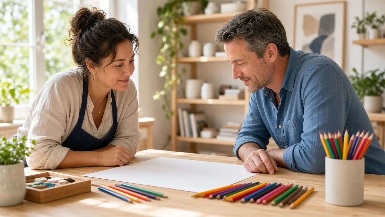 Two adults plan over a blank sheet at a sunny studio table with colored pencils.